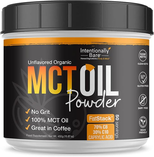 Intentionally Bare Organic MCT Oil Powder - Zero Net Carbs & No Grit MCT Powder for Body & Brain - Vegan MCT Creamer for Coffee, Tea, Shakes, Smoothies & Baking with 70% C8 & 30% C10 - Unflavored