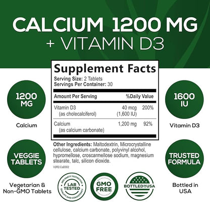 Calcium 1200 mg with Vitamin D3, 60 Tablets