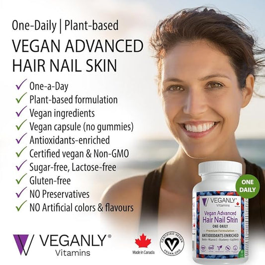 Vegan Advanced Hair Nail Skin One-Daily, 90 Veggie Caps - Antioxidant Enriched - Improve Hair, Improve Skin Health and Nail Health - Plant Based with Biotin & Natural Superfood