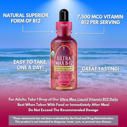USDA Organic Ultra Max B12 | Superdose 7500mcg Vitamin B12 Liquid Drops | B12 as Methylcobalamin| Max 98% Absorption Rate | Promotes Energy| Vegan, Non-GMO, Strawberry flavor -4oz