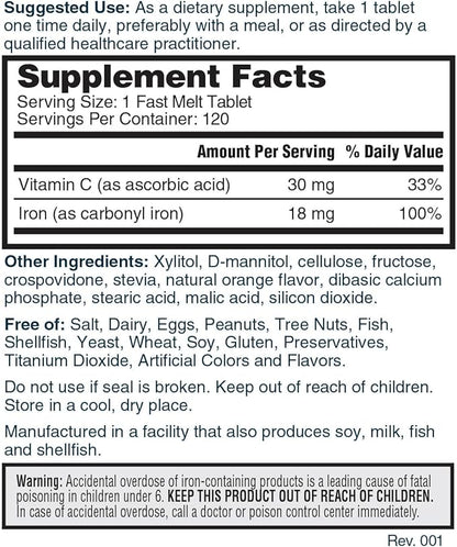 Nature's Lab Iron Plus Vitamin C Fast Melt Tablets - Gentle on the Stomach Carbonyl Iron, High Absorption for Healthy Red Blood Cells* - 120 Tablets