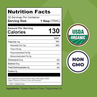 MCT Oil Organic - C10 C8 MCT Oil for Sustained Mental Energy & Focus Support - MCT Oil Organic For Coffee, Smoothies, & More - Palm Free Vegan Keto & Paleo Friendly 16 Fl Oz - Non-GMO - Aceite De Coco