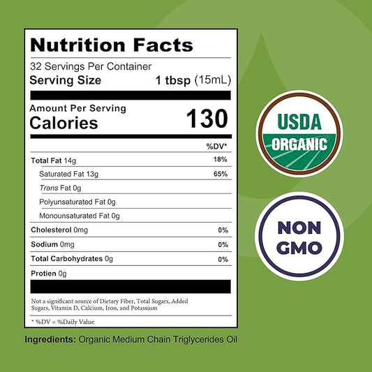MCT Oil Organic - C10 C8 MCT Oil for Sustained Mental Energy & Focus Support - MCT Oil Organic For Coffee, Smoothies, & More - Palm Free Vegan Keto & Paleo Friendly 16 Fl Oz - Non-GMO - Aceite De Coco