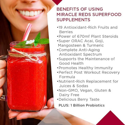 MacroLife Naturals Miracle Reds Superfood Supplement Powder Antioxidants Polyphenols Enzymes Probiotics - Raw Non-GMO Organic Vegan Gluten & Dairy Free (30 Servings)