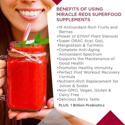 MacroLife Naturals Miracle Reds Superfood Supplement Powder Antioxidants Polyphenols Enzymes Probiotics - Raw Non-GMO Organic Vegan Gluten & Dairy Free - 30oz (90 Servings) 30oz