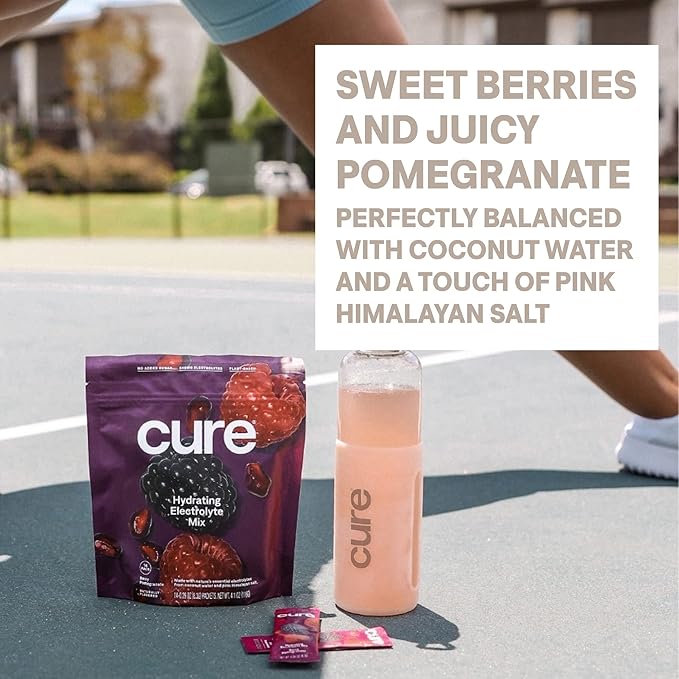Cure Hydration | Plant-Based Electrolyte Drink Mix | No Added Sugar | FSA & HSA | Dehydration Relief Powder Made with Coconut Water | Non-GMO | Vegan | 28 Servings Jar - Berry Pomegranate