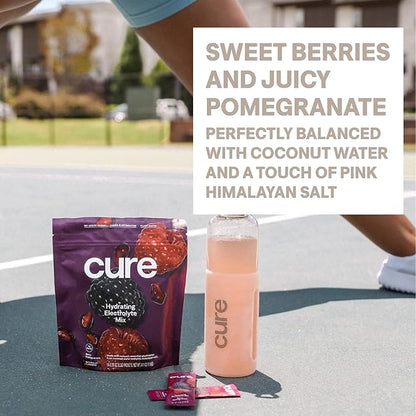 Cure Hydration | Plant-Based Electrolyte Drink Mix | No Added Sugar | FSA & HSA | Dehydration Relief Powder Made with Coconut Water | Non-GMO | Vegan | 28 Servings Jar - Berry Pomegranate
