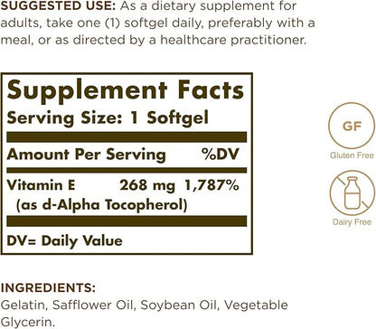 SOLGAR Vitamin E 268 mg (400 IU) 250 Softgels 250 Servings