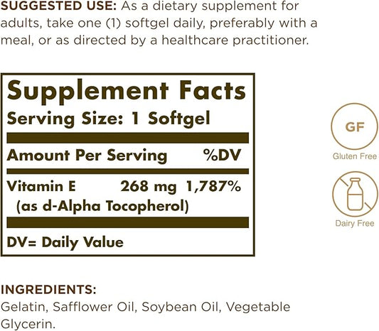 SOLGAR Vitamin E 268 mg (400 IU) 250 Softgels 250 Servings