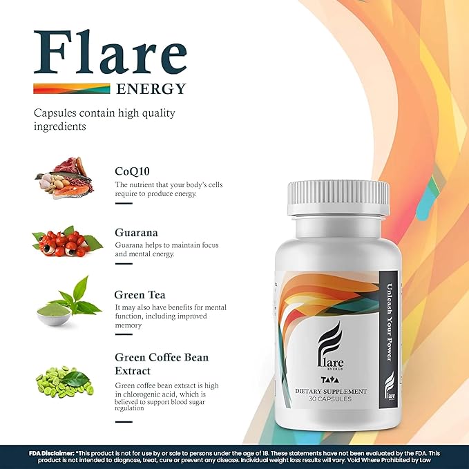TAVA Energy Supplements, 30 Capsules. Ramp up Your Day Flare Energy Supplement Increase Muscle Growth - Vitamin Supplements to Help Maintain Focus and Mental Energy.