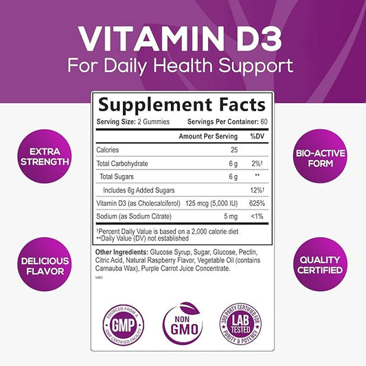 Vitamin D3 Gummies Extra Strength 5000 (125 mcg) 120 Gummies