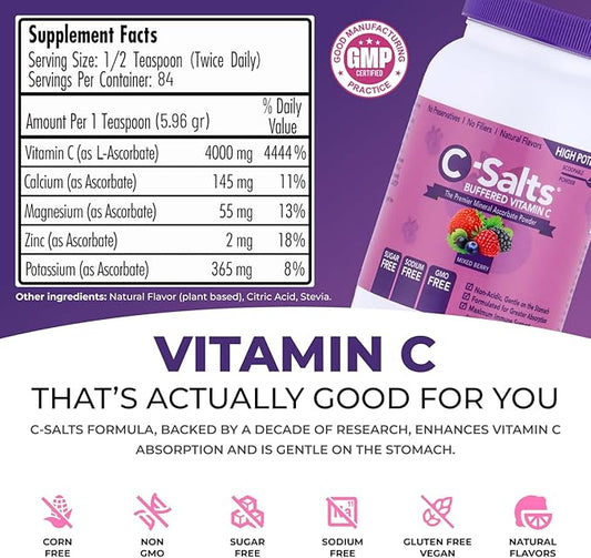 4000mg Vitamin C Powder Supplement - 100% Pure Buffered Powdered Drink with Ascorbate C - Potent Immune Support, Stomach-Friendly, Organic, Vegan, Sodium & Sugar-Free, Mixed Berry 8oz