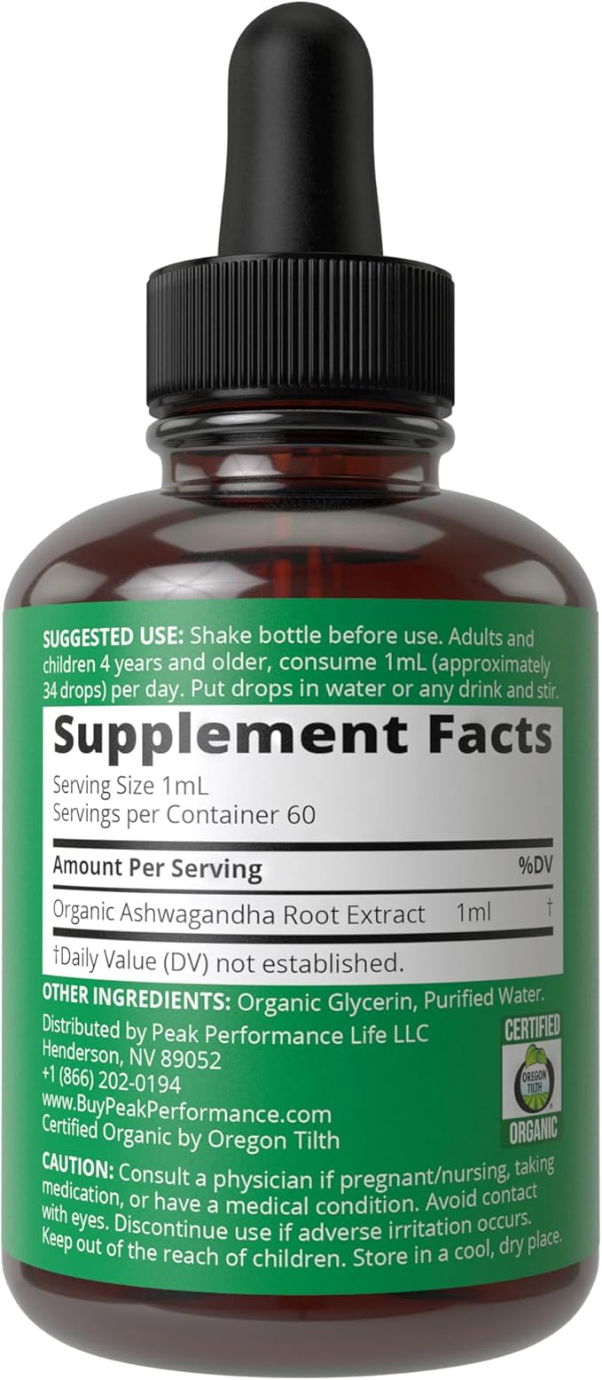 Ashwagandha Liquid Drops. USDA Organic Vegan
