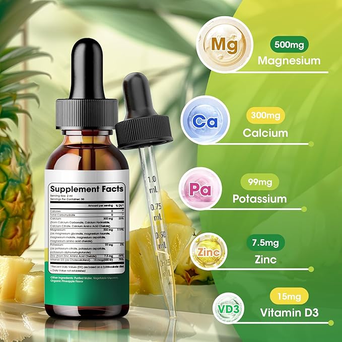 Potassium Magnesium Supplement,Magnesium Complex 500mg & 99mg Liquid D3 Zinc,Sugar Flavor,2 Fl