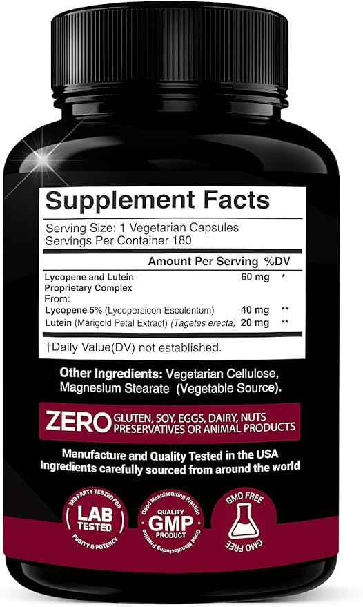 Lycopene + Lutein Supplement 60mg 40mg from 20mg from 2-in-1 Ultra-Concentrated 180 Veggie