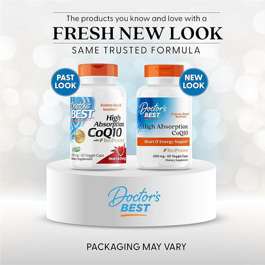 Doctor's Best High Absorption CoQ10 with BioPerine, Heart Health & Energy Production, Naturally Fermented, Gluten Free, Vegan, 200 mg 60 Veggie Caps