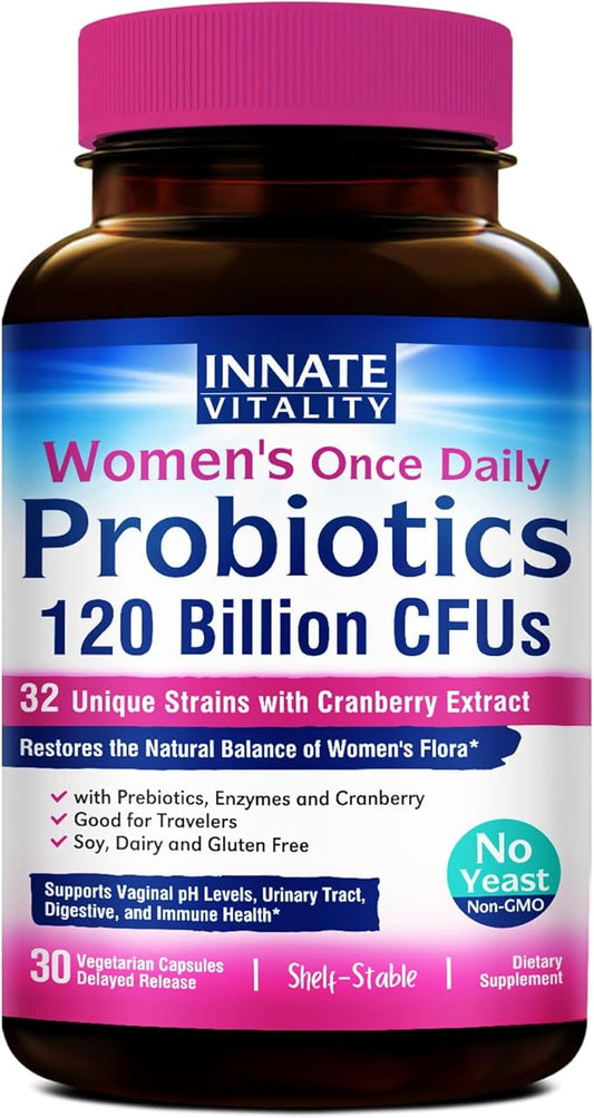 Innate Vitality Women's Probiotics, 120 Billion CFU, 32 Tested Strains, Probiotics for Women, Yeast Control, Vaginal pH Support, Prebiotics, Digestive Enzymes, Cranberry, Once Daily 30 Veggie Capsules