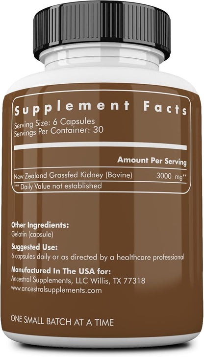Ancestral Supplements Grass Fed Beef Kidney Supplement, 3000mg, DAO Enzyme Supplement, Kidney Support for Urinary and Histamine Health, Selenium, B12, Non GMO, 180 Capsules