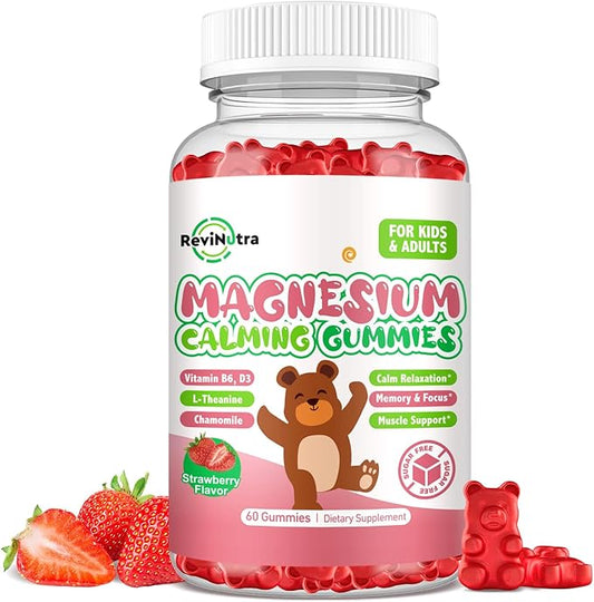 Magnesium Gummies for Kids - Magnesium Glycinate, L-Threonate Supplement with L-Theanine, Vitamin B6, D3 for Adults & Kids, Calm Magnesium for Sleep, Relaxation, Brain,Bones,Sugar Free Strawberry 60ct