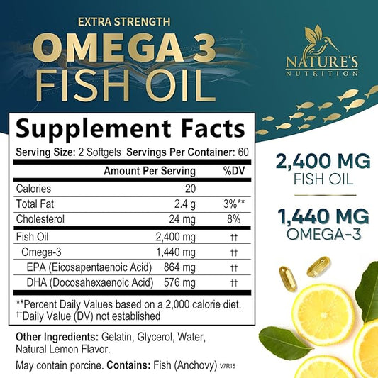 Triple Strength Omega 3 Fish Oil 2400 mg 1200 MG Omega-3 Supplement 120 Fish