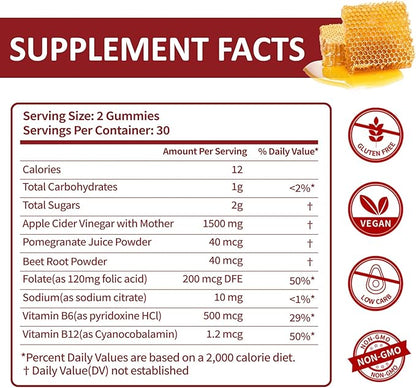 Keto ACV Gummies - 1500mg Apple Cider Vinegar Gummies with Pomegranate Beetroot & Vitamin B12 B6 - Lemon Honey Flavor - for Men & Woman - GMO Free & Vegan - 120 Count