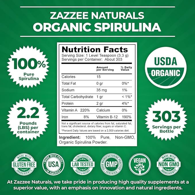 Zazzee Organic Spirulina Powder, 2.2 Pounds (1 KG), USDA Certified, 303 Servings, 100% Pure, Non-Irradiated, Mess-Free Wide Mouth Container, Fresh Smell and Neutral Taste, Vegan, Non-GMO, Gluten-Free