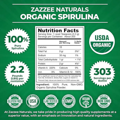 Zazzee Organic Spirulina Powder, 2.2 Pounds (1 KG), USDA Certified, 303 Servings, 100% Pure, Non-Irradiated, Mess-Free Wide Mouth Container, Fresh Smell and Neutral Taste, Vegan, Non-GMO, Gluten-Free