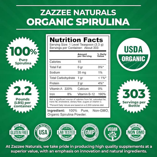 Zazzee Organic Spirulina Powder, 2.2 Pounds (1 KG), USDA Certified, 303 Servings, 100% Pure, Non-Irradiated, Mess-Free Wide Mouth Container, Fresh Smell and Neutral Taste, Vegan, Non-GMO, Gluten-Free