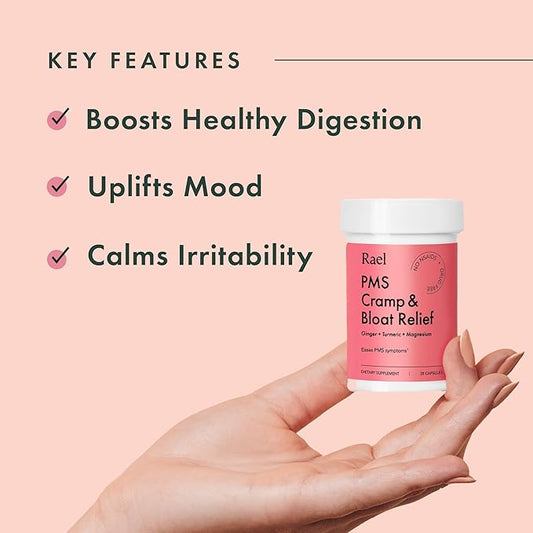Rael PMS Supplement, Hormone Balance for Women, Relief from Menstrual Cramps, Period Bloating, Mood Swings Treatment with Turmeric, Ginger, Magnesium, No NSAIDs, Vegan (28 Capsules)