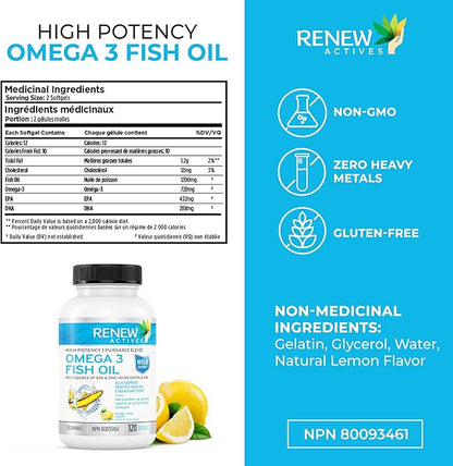 Renew Actives Triple Strength Burpless Omega-3 1200mg Concentrated 120 Easy-to-Swallow
