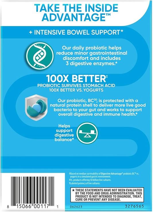 Digestive Advantage IBS Daily Probiotic Capsules for Digestive Health & Gut Health, Probiotics for Men and Women (96 Count Box) - Digestible Enzymes