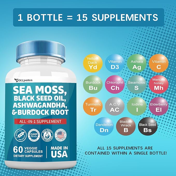 Sea Moss 3000mg Ashwagandha 1000mg Black 2000mg Turmeric 1000mg Burdock 1000mg Bladderwrack 1000mg & D3 Elderberry 60 Capsules