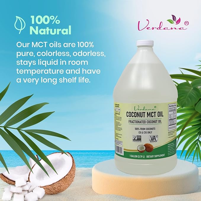 Verdana Coconut MCT Oil, Fractionated, Genuine 100% Coconut Derived, Kosher Food Grade, Vegan, NON-GMO, Great for Keto and Paleo Diet, Ayurvedic Oil Pulling Oral Rinse Mouthwash (1 Gallon)