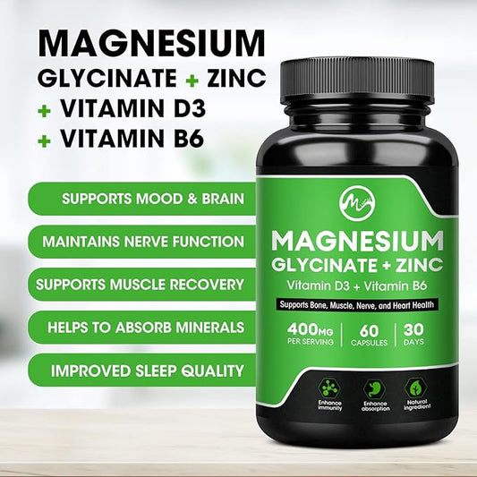 (2 Pack) Magnesium Glycinate Capsules, Magnesium 400mg with D3 & B6 - 120 Vegan