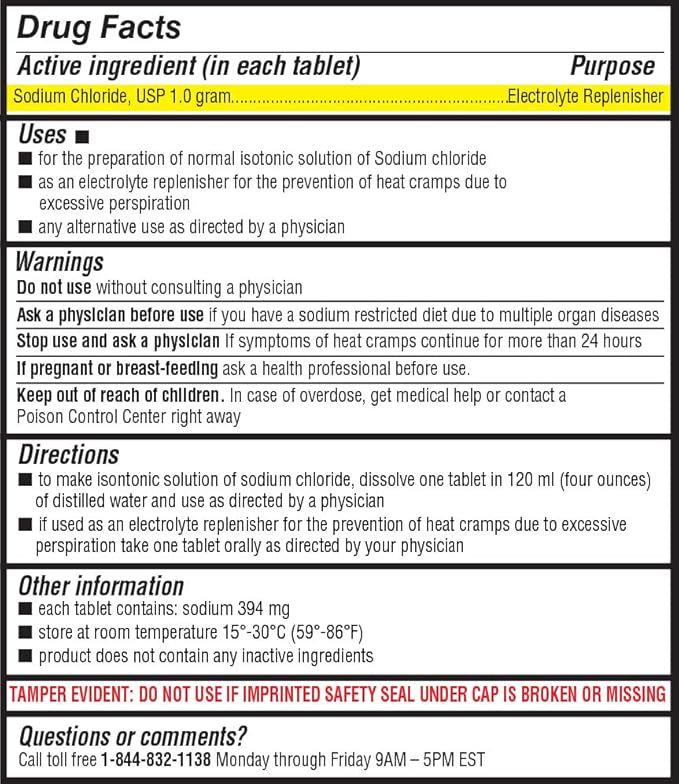 Health Life Sodium Chloride Tablets 1 gm, USP | 300 Count | Normal Salt Tablets | Sodium Mineral Supplement (15.4gr.) | Electrolytes Replenisher Hydration Drink