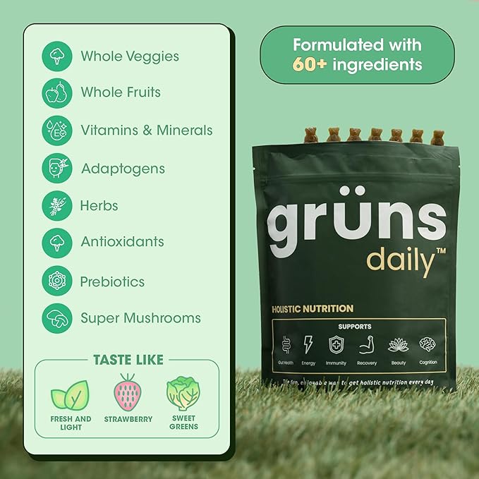 Gruns Adult Super Greens Gummies - Superfood Gummy Bears with Spirulina, Chlorella & Prebiotics for Digestive Health - Adaptogens Supplement with 20 Vitamins & Minerals, Low Sugar- 2-Week Supply