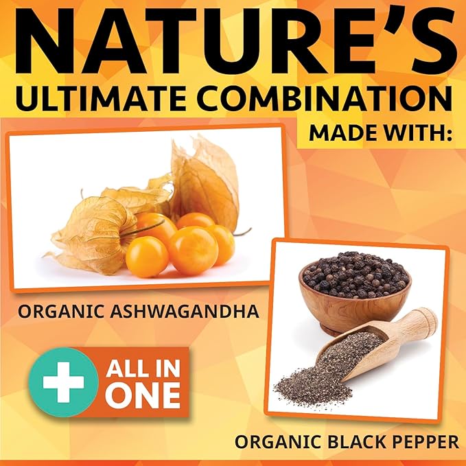 UDAF Certified Organic Ashwagandha with Black Pepper - 180 Capsules - 1965mg Extra Strength for Stress, Sleep, Mood, Thyroid, Focus, Hair, Vegan Pure Root Extract Powder - Men and Women Supplements