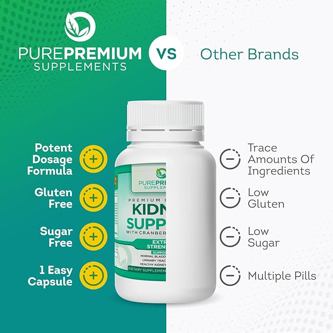 PurePremium Supplements Kidney Support Supplement for Men & Women - with Cranberry Extract to Support Urinary Tract, Normal Bladder Function & Supports Kidney's Health - 4 Months Supply - 120 Capsules