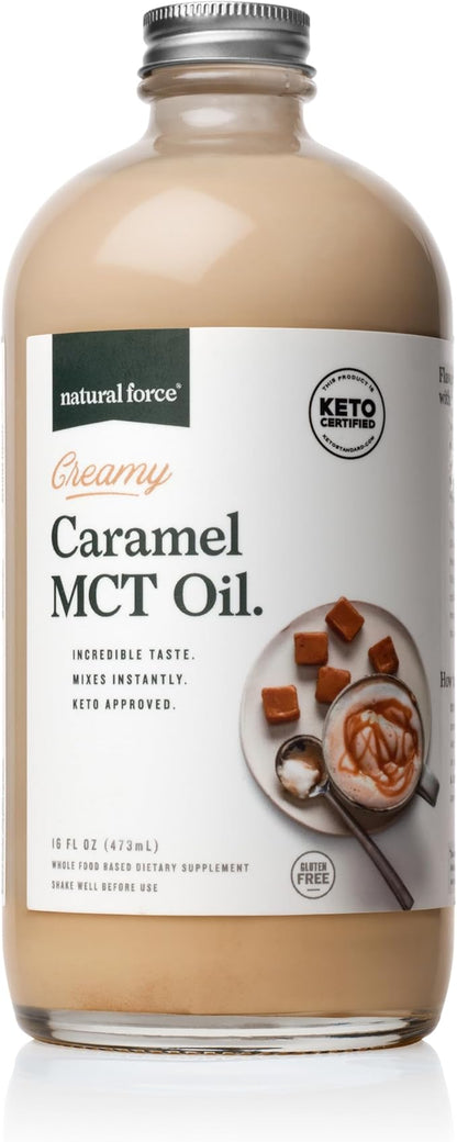 Natural Force Creamy Caramel MCT Oil – Non Dairy, Keto Certified, Emulsified MCTs for Low-Carb, Ketogenic Coffee, Smoothies, & Shakes - Mixes Instantly + No Blending Required – 16 Oz Glass Bottle