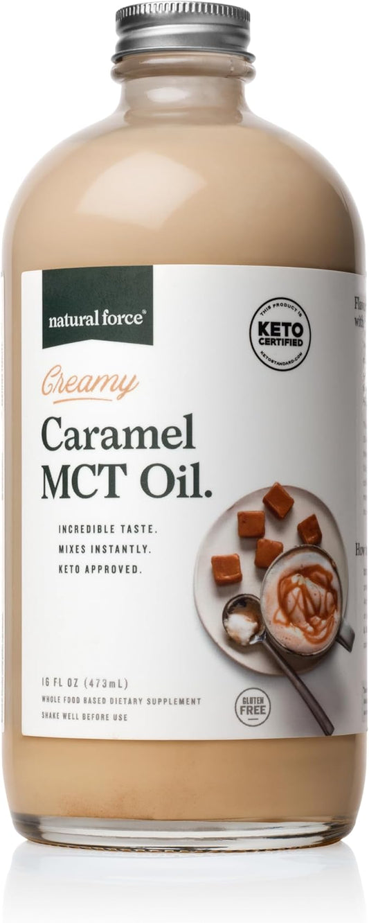 Natural Force Creamy Caramel MCT Oil – Non Dairy, Keto Certified, Emulsified MCTs for Low-Carb, Ketogenic Coffee, Smoothies, & Shakes - Mixes Instantly + No Blending Required – 16 Oz Glass Bottle