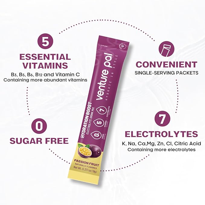 Venture Pal Sugar Free Electrolyte Powder Packets - Liquid Daily IV Drink Mix for Rapid Hydration & Party Recovery | 5 Vitamins & 7 Electrolytes| Keto Friendly | Non-GMO | Certified Vegan | 16 Sticks