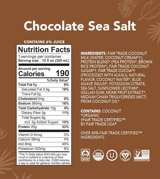 ALOHA Organic Plant Based Chocolate Sea Salt Protein Shake w/MCT Oil (12 ct, 12oz Bottle) 20g Protein, Meal Replacement, Low Sugar & Carb, Gluten-Free, Paleo, Non-GMO, No Soy, Stevia or Sugar Alcohol…