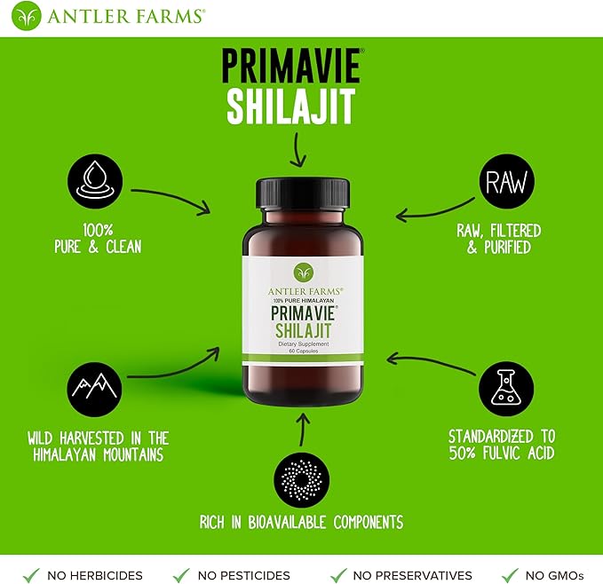 Antler Farms - 100% Pure PrimaVie 60 Capsules, 250mg – 50% Fluvic