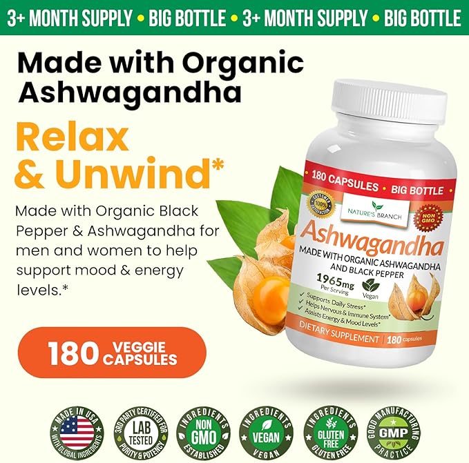 UDAF Certified Organic Ashwagandha with Black Pepper - 180 Capsules - 1965mg Extra Strength for Stress, Sleep, Mood, Thyroid, Focus, Hair, Vegan Pure Root Extract Powder - Men and Women Supplements