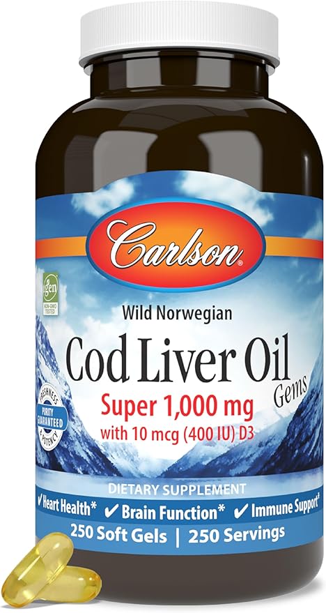 Carlson - Cod Liver Oil Gems, 1000 mg, 250 mg Omega-3s, 400 400 IU (10 mcg) D3, Wild 250 Softgels