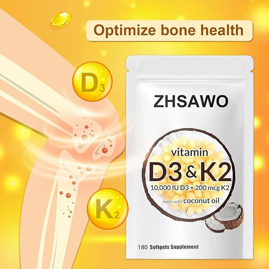 2-in-1 Vitamin D3 K2 Supplement Softgel，D3 K2 Vitamin 10000 iu Aiding in Calcium Absorption (180pcs)