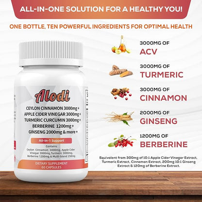 Ceylon Cinnamon 3000mg, Apple Cider Vinegar 3000mg, Turmeric 3000mg, Ginseng 2000mg, Berberine 1200mg - All-in-1 Supplement 60 Capsules