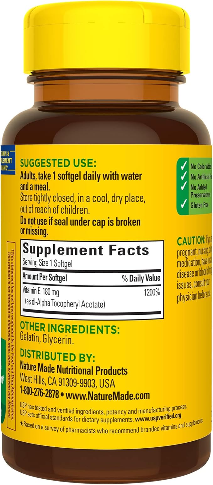 Nature Made Vitamin E 180 mg (400 IU) 100 Softgels, 100 Day