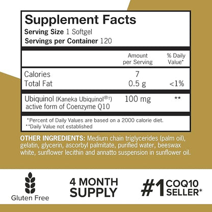 Qunol Ubiquinol CoQ10 100mg Softgels, Ubiquinol Q10, Antioxidant 120 Count