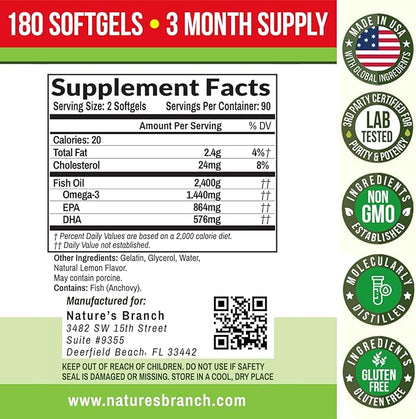 Best Triple Strength Omega 3 Fish 180 Capsules 2400mg High 864mg EPA 576mg DHA